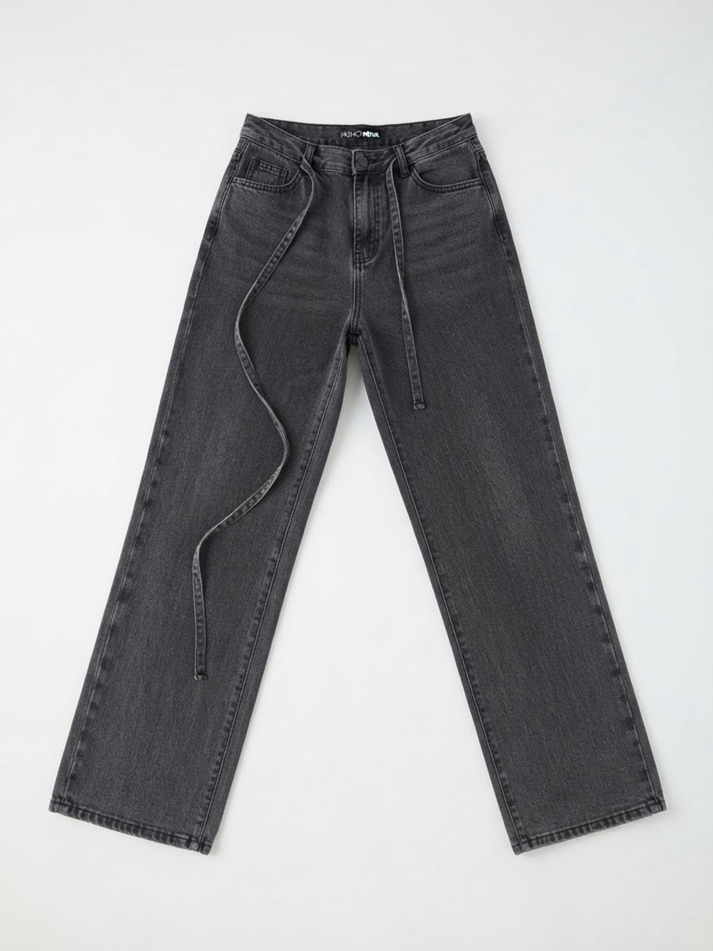 Fashion Nova Charcoal Straight Leg Jeans with Waist Tie